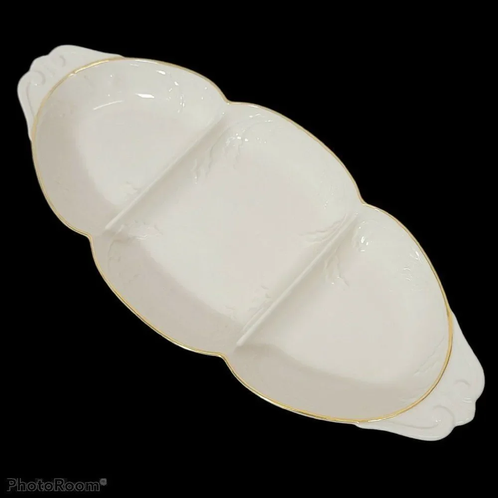 Lenox Off White Ceramic Holiday Heirloom 3 Part Relish Server Tray China Platter